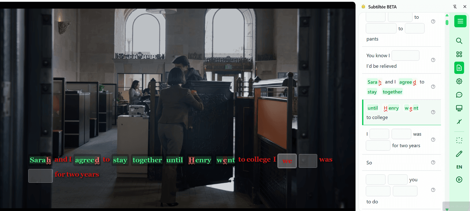 Subtiltee Chrome Extension in action on Netflix showing dual subtitles and translation features