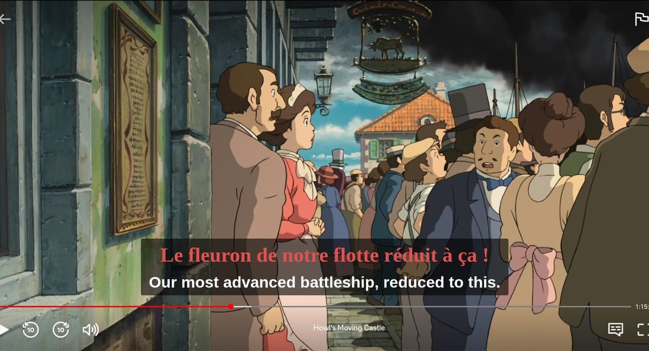 The same scene with the player controls showing: both subtitle lines have moved up so the progress bar never covers them.