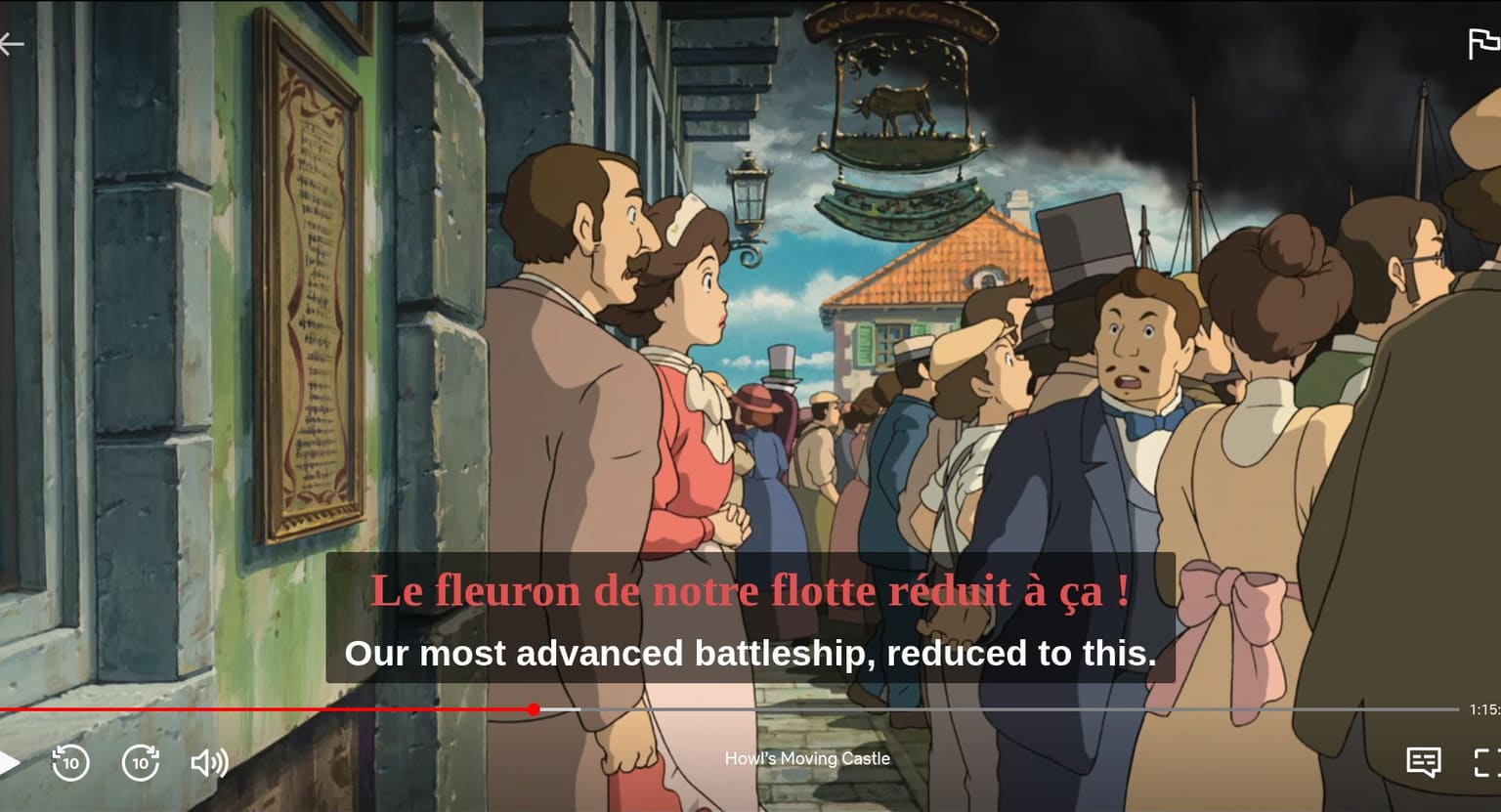Netflix playing Howl's Moving Castle with two subtitle lines at once: the French track in red above the English track in white.