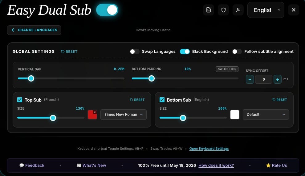 The EasyDualSub settings panel: vertical gap, bottom padding and sync offset, plus independent size, color and font for the top and bottom subtitle tracks.