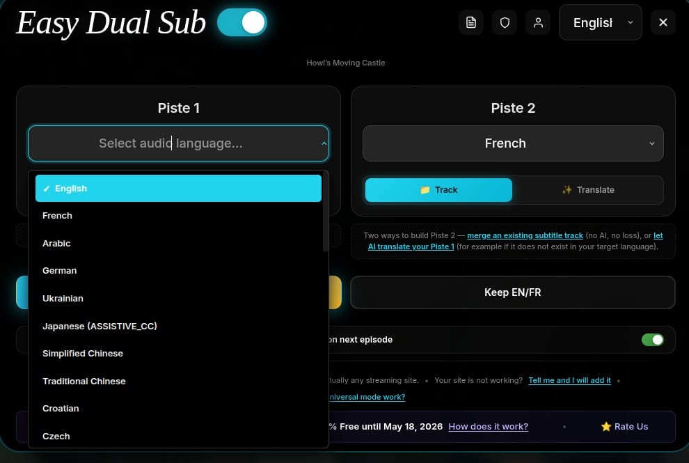 The EasyDualSub track panel: Track 1 open on a language list, Track 2 set to French, and a Track / Translate switch with the note "merge an existing subtitle track (no AI, no loss), or let AI translate your Track 1".