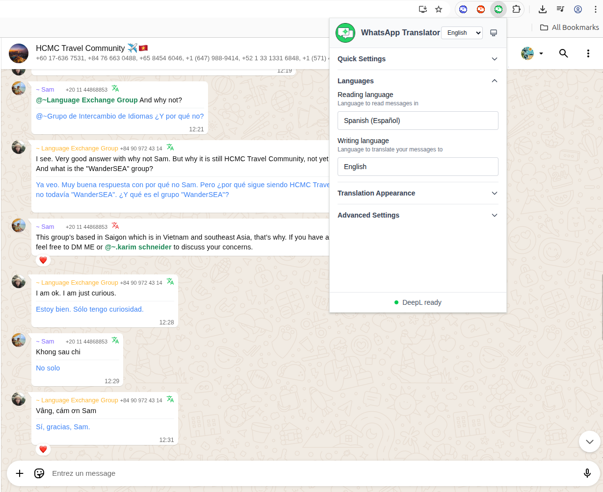 WhatsApp Web translation interface